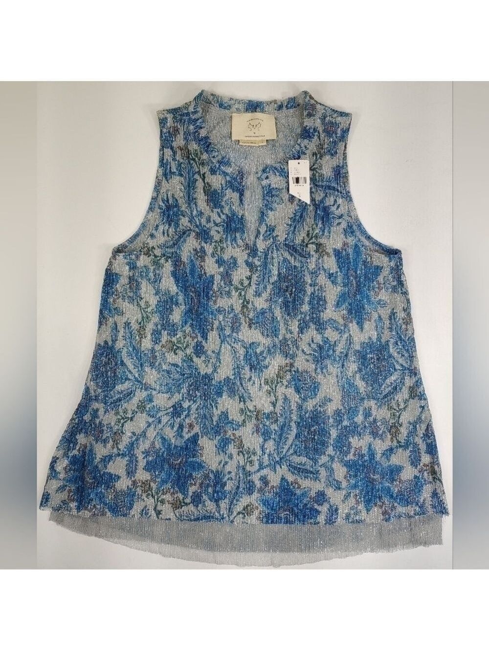 Anthropologie Vanessa Virginia Blue Metallic Pleated Layer Tank Top Size S Small